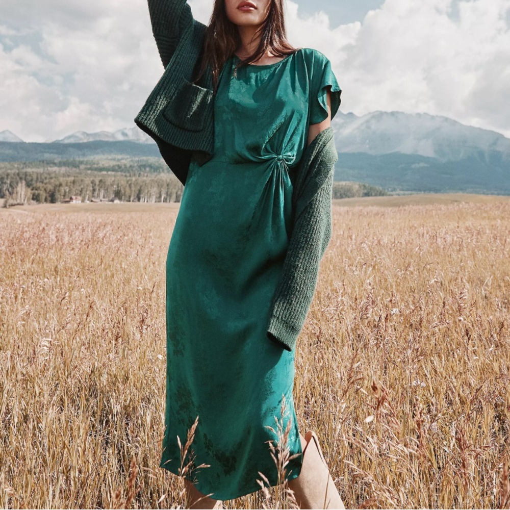 LOFT Floral Twist Flutter Sleeve Flare Green Dress